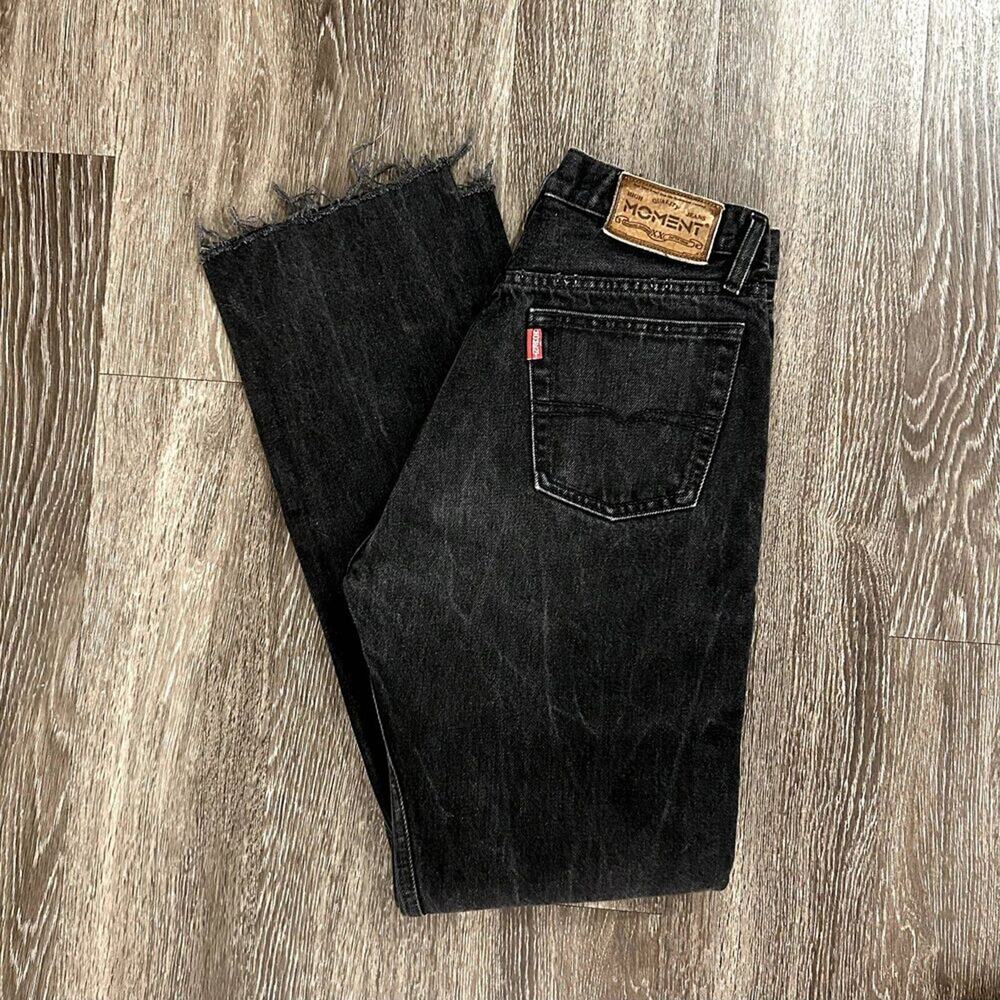 Vintage Moment‎ Charcoal High Rise Straight Leg Jeans 100% Cotton Denim Raw Hem